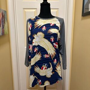 LuLaRoe Gray and Yellow Eagle Patterned Randy Top
